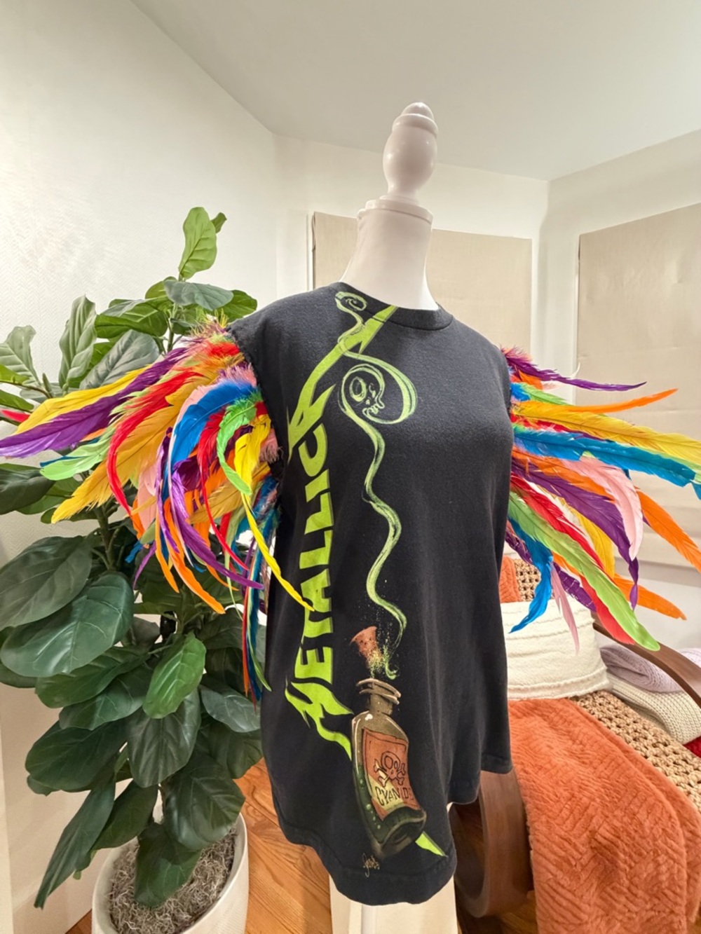 Eclectic one of a kind vintage Metallica Graphic Tee with feather sleeves